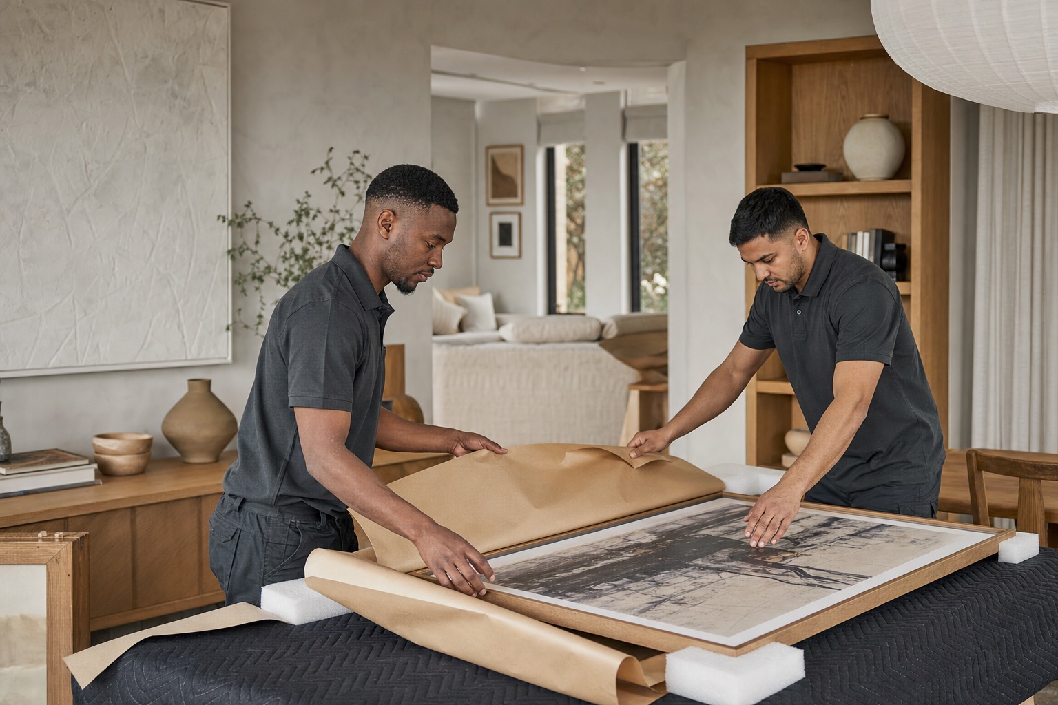 Professional movers protecting framed artwork