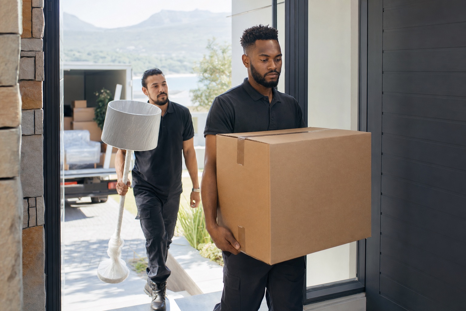 Professional movers carrying belongings into a home
