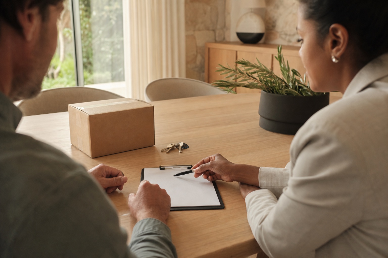 A homeowner reviewing a moving plan with a relocation coordinator